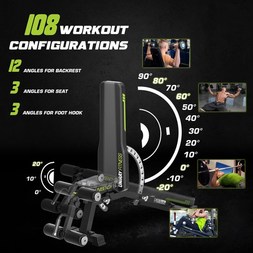 UNIRAY Weight Bench, Workout Bench for Home Gym with 1200LBS Weight Capacity, Adjustable Back/Seat/Foot Hook for Bench Press Strength Training, Gym Bench Level Incline Bench Exercise at Home