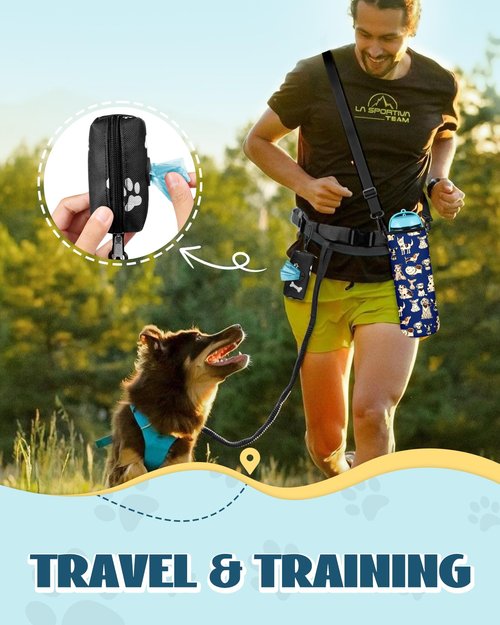 Toykee Portable Neoprene Water Bottle Sleeve - Travel Dog Water Bottle Cover Bag with Puppy Poop Bag Holder, Funny Blue Pet Water Sling Carrier with Adjustable Strap for Walking Hiking