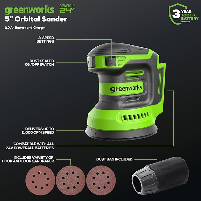 Greenworks 24V Brushless 5 pcs Cordless Power Tool Combo Kit, include Drill Driver, Circular Saw, Jigsaw, Wood Router, Sander, 2 x 2Ah Batteries and Charger