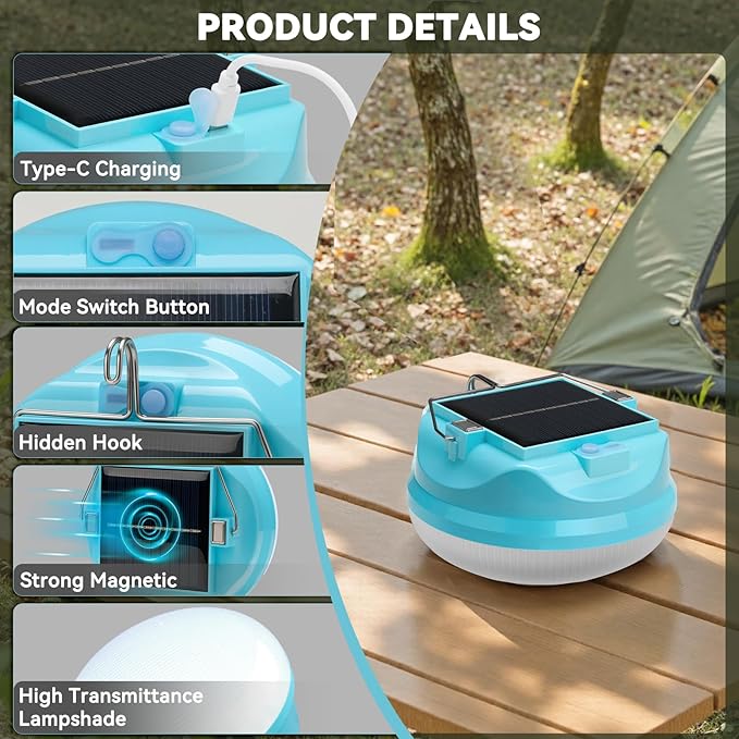 50W Solar Camping Light Rechargeable Lantern with 3 Modes Waterproof Portable Tent Lights for Power Outages Hiking Emergency
