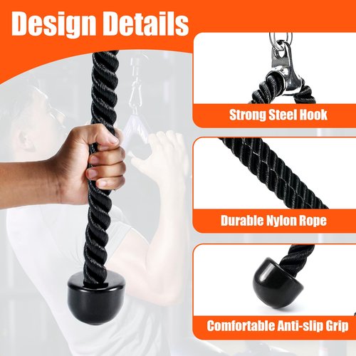 Warmroom Long Tricep Pull Down Rope Exercise Tricep Rope 55 inch Pull Down Rope with Latch Gym Cable Machine Accessories