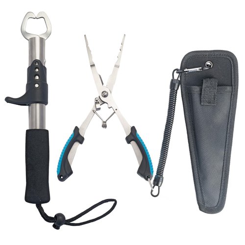 BSPIX Fishing Gear Set - Long Nose Stainless Steel Fishing Pliers 8.5", Fish Lip Gripper, Telescopic Lanyard & Sheaths - Multi-Function Saltwater Resistant Fishing Tools (Blue)