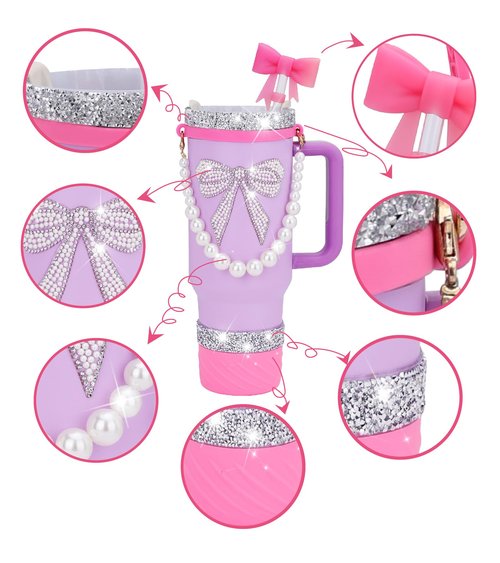DJRF JJ Stanley Cup Accessories Set 40 oz 30 oz Stanley Cup Boot Silicone Strap Flash Star Decorative Sticker Charms Pearl Tidai Decoration (Bright pink7)