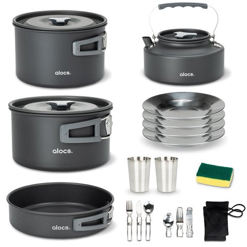 Alocs 17pcs Camping Cookware Set - Lightweight Camping Cookware Mess Kit for 2 - Portable Outdoor Cookware with Kettle - Camping Pots and Pans Set with Stainless Steel Cups Plates Forks Knives Spoons