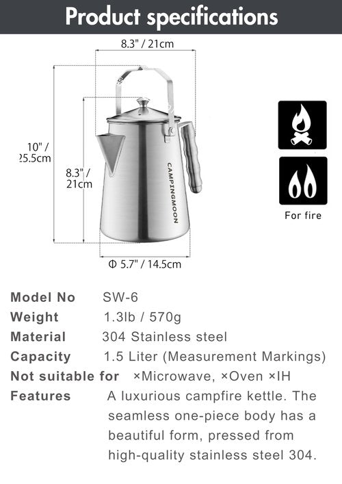 CAMPINGMOON 1.5L Campfire Kettle Stainless Steel Camping Coffee Pot Full capacity 1.86L SW-6