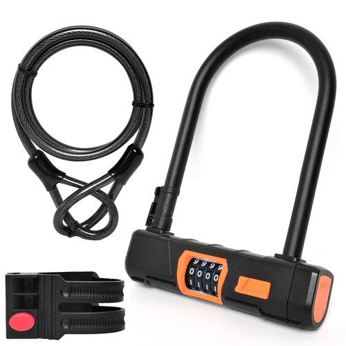 RunPig Bike U Lock with Steel Cable, Heavy Duty Anti-Theft Bike U Lock, 4-Digit Resettable Combination Lock for Bicycle, E-bike, Motorcycle, Escooter, Electric Moped Lock, Bike Accessories, Combo Lock