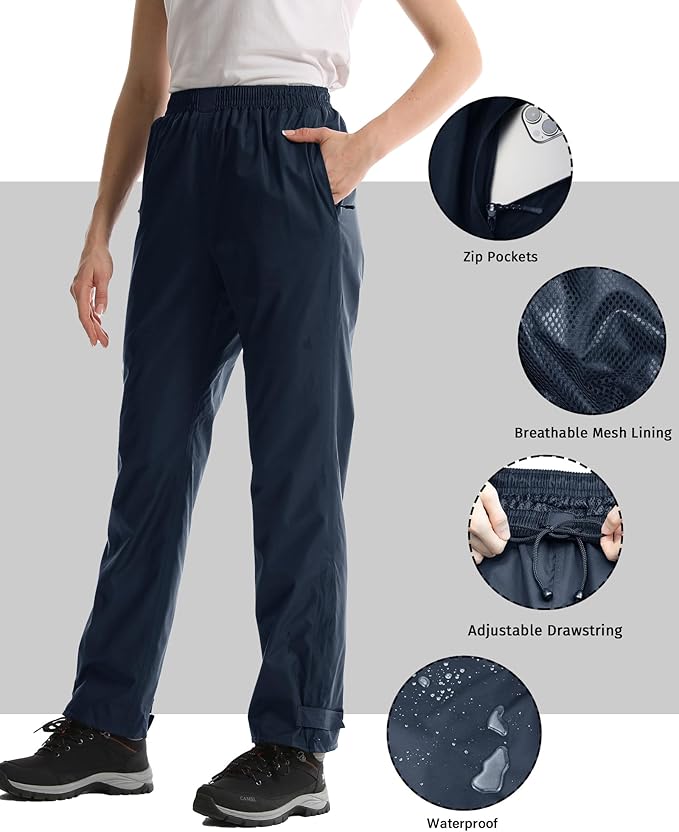 iCreek Women's Rain Pants Waterproof Rain Over Pants Hiking Pants Windproof Lightweight Outdoor for Golf, Fishing