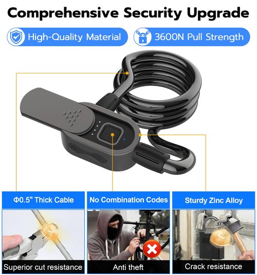 Anweller Fingerprint Bike Lock with Key, Heavy Duty Anti-Theft Weatherproof Keyless Bluetooth Digital Electronic Biometric Smart Cable Lock for Bicycle Scooter Accessories Outdoor Fence Gate