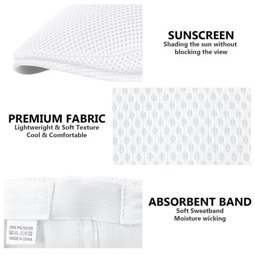 meioro Men's Mesh Flat Cap Summer Breathable Newsboy Hats Beret Ivy Cap Gatsby Irish Cabbie Driving Hat Full Head Wrap White