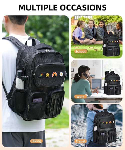 SWANSWIFT Mesh Backpack for School 30L XLarge Heavy Duty, See Through Backpack with Pen Sleeve for Girls Boys Student Diving Travel Hiking Outdoor Sport(4 Patches)