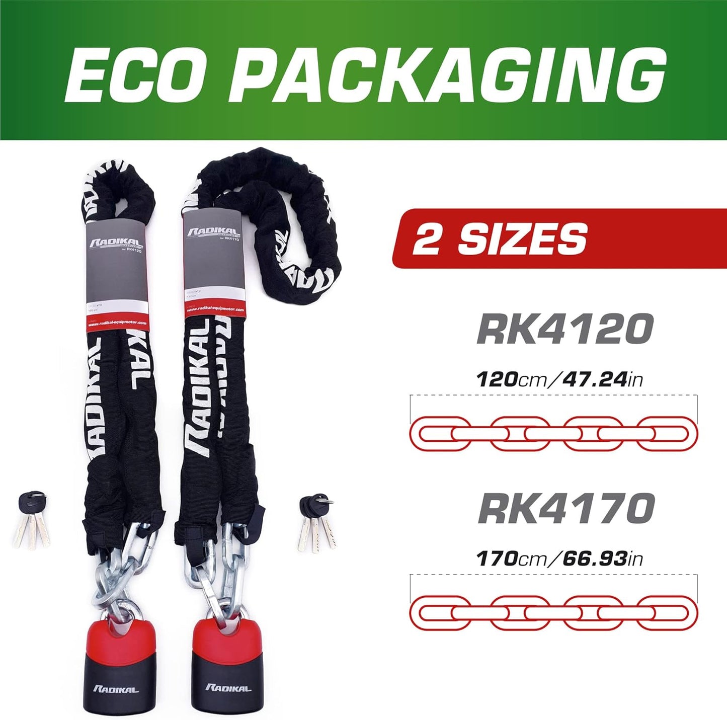 RADIKAL RK4170 Motorcycle Chain Lock Padlock and Reinforced Steel Heavy Duty Chain High Security ø10, 170 cm Chain and Lock Motorcycle, Scooter, Bike