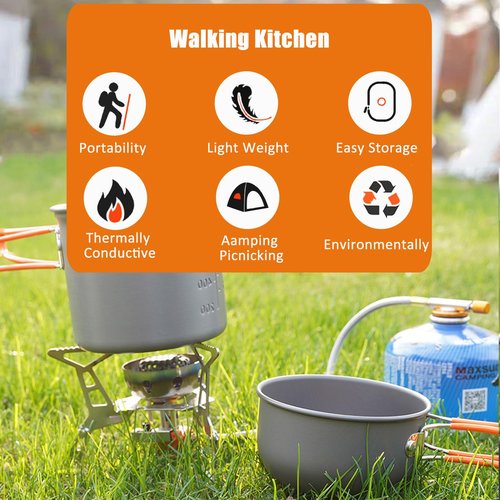 Quirkmyn 3PCS Camping Cookware Mess Kit with Lightweight Pot Mini Camp Stove and Carry Mesh Bag, Great for Backpacking Outdoor Camping, Hiking, Campfire and Picnic(Orange)