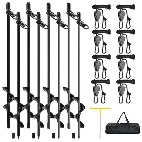 Tent Stakes Heavy Duty, 8 Pack 17.7" Ground Anchors Screw in, Trampoline Stake with 8 Adjustable RV Awning Tie Down Ratchet Straps for High Winds, Spiral Anchors Kit for Camping Swing Set Canopy Sheds