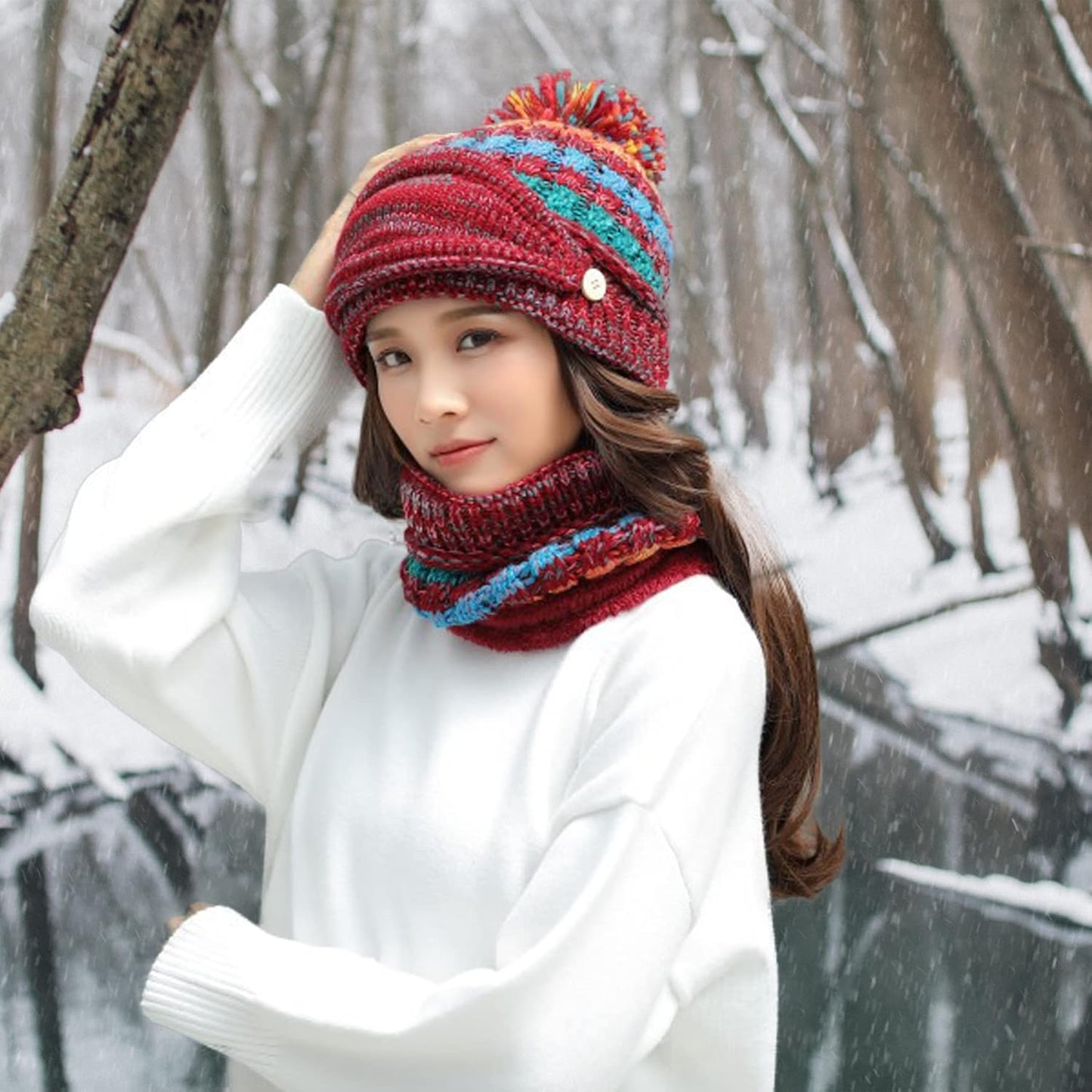 Ypser Women's Winter Warm Knitted Crochet Hat Fleece Lined Cable Faux Fur Pom Pom Beanie Hat Skull Cap