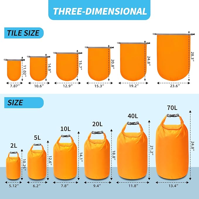 Dry Bag Set, Waterproof Small Lightweight Dry Bags for Paddle Board Kayaking, Fishing, Camping (Orange, 70L 2Pack)