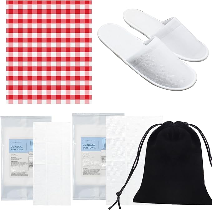 Disposable Kits 5p,Beach Vacation Essentials,Car Camping Essentials,Camping Shower,Disaster Emergency Supplies,Include Beach Towel, Slippers, Disposables Bath Towels, mats, Storage Bags