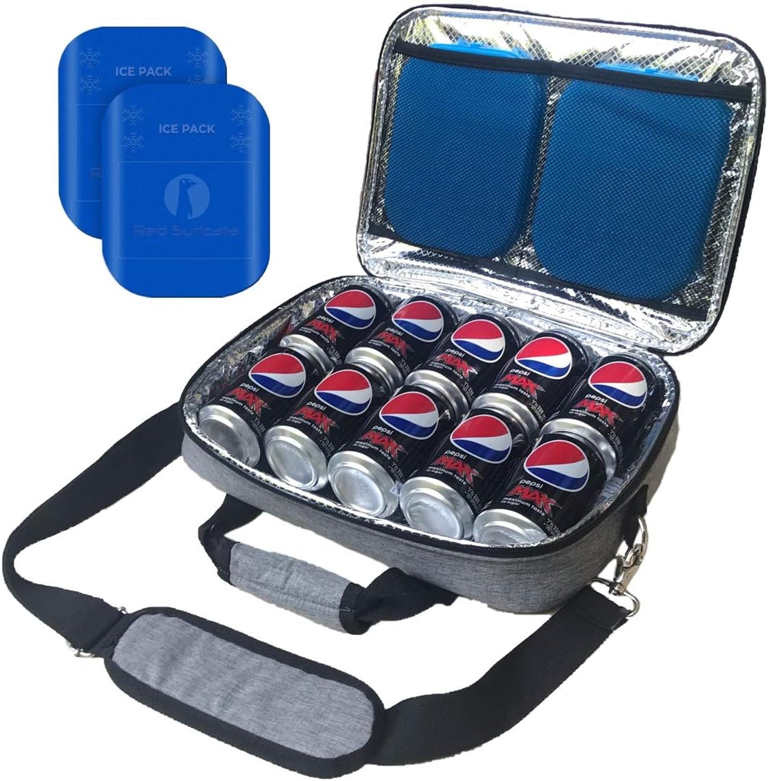 Red Suricata Insulated Slim Cooler – Ultra Thin, Flat Mini Small Cooler Lunch Bag Fits 10 Drink Cans - 2 Slim Reusable Ice Packs Included - Small Iceless Golf Cart Bag for Beer (Black)