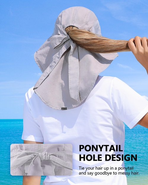 SENWAI Womens Sun Hat Outdoor UV Protection Wide Brim Fishing Hat with Ponytail Hole Neck Flap for Beach Hiking Camping, Light Gray