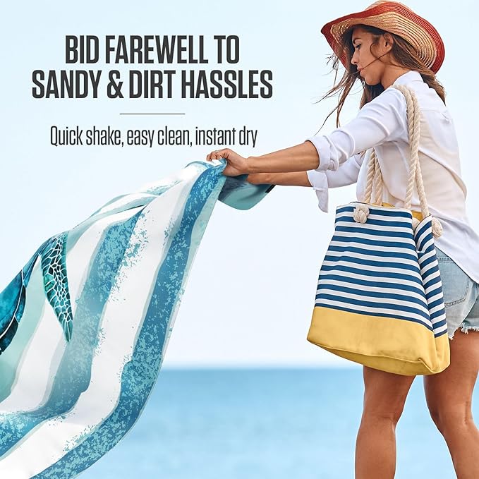 VENTURE 4TH Family-Size Beach Blanket: Sandproof, Waterproof, Lightweight & Compact. Includes Stakes and Carry Bag. 7x8 feet XL Striped Turtle