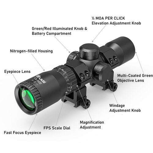 UUQ 1.5-5x32 Crossbow Scope,Circles and Rangefinder Etched Glass Ballistic Reticle Optic, 250-450 FPS Red Green Illuminated,Compact Crossbow Scope for Hunting 20-100 Yards with 20mm Scope Rings