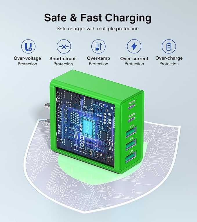 Green 2-Pack Dual Type C Power Adapter - 50W USB C Charger Block with 5-Port PD Fast Charging for iPhone 13/14/15/16/Pro, iPad, Samsung, Switch