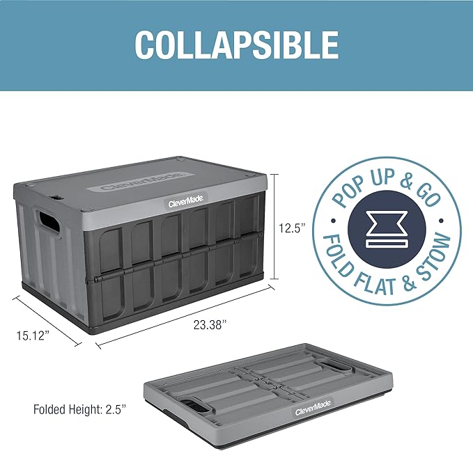 CleverMade Collapsible Storage Bins with Lids - Stone 3 Pack 62L - Plastic Containers Stackable Organization Crates Home Closet Space-Saving Durable