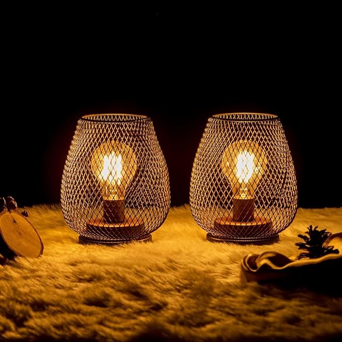DECORKEY Set of 2 Battery Operated Lamp LED Table Lantern, Brown Metal Cage Cordless Lamps with LED Bulb，Vintage Decorative Outdoor Lantern for Weddings, Parties, Patio, Events for Indoors Shelf Decor