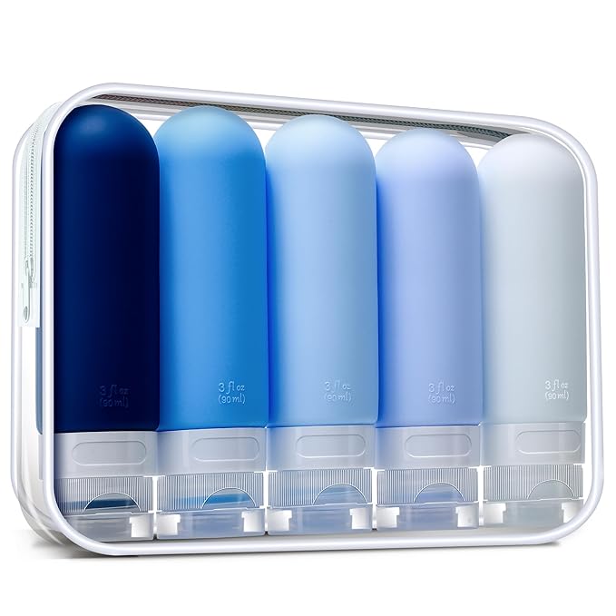 3oz Travel Bottles for Toiletries,Silicone Leak Proof Squeezable Travel Containers,TSA Approved Travel Essentials Bag for Shampoo Conditioner,5 Pack,Navy Pack