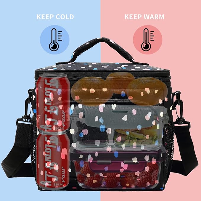 FlowFly Insulated Reusable Lunch Bag Adult Large Lunch Box for Women and Men with Adjustable Shoulder Strap,Front Zipper Pocket and Dual Large Mesh Side Pockets,BlackFlower