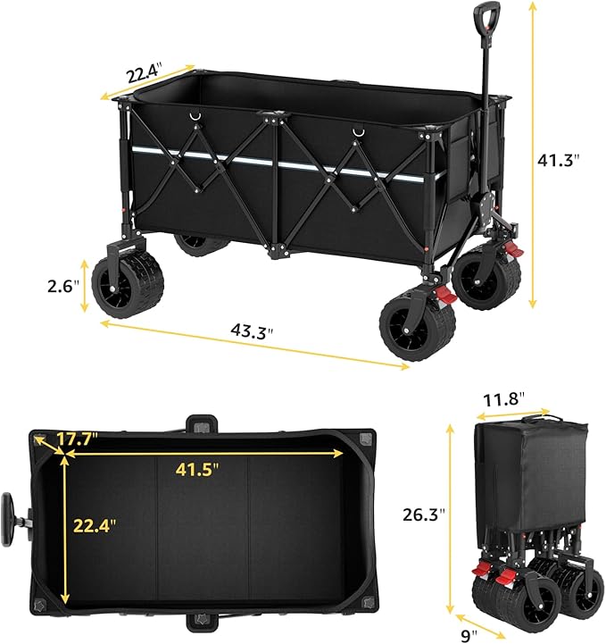 Large Beach Collapsible Wagon Cart with Wheels - Foldable Wagons 260L Heavy Duty 500lbs, Wagon with Big Wheels for Sand Folding Utility Wagons Carts for Sports Shopping Camping