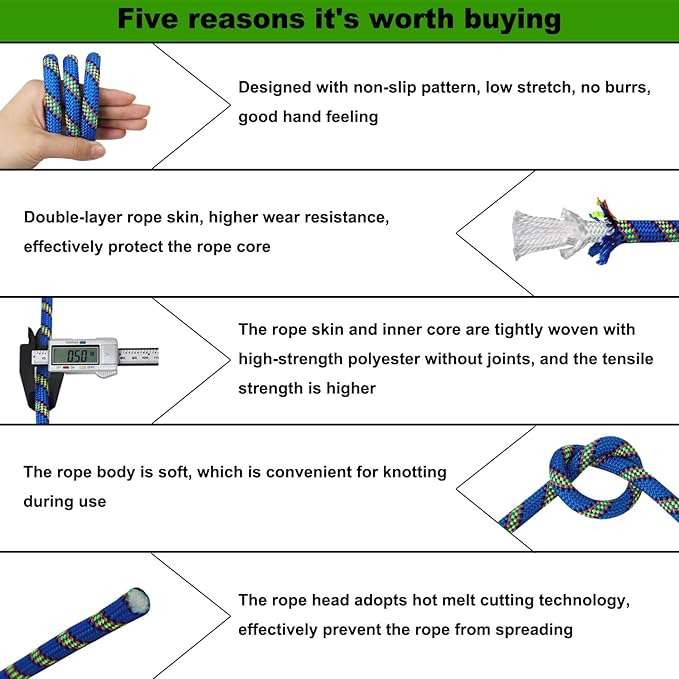 Double Braided Arborist Rope (1/2 in x 200 ft) Polyester Rope Bull Rope 48 Strands for Tree Work Climbing Pulling Swing Sailing, Blue