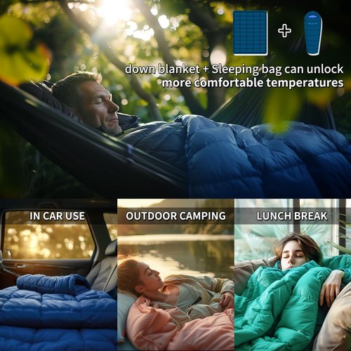 QEZER Down Camping Blanket Packable,600+Fill Power，Multi-Purpose Warm Camping Quilt for Outdoor Camping, Backpacking, and Hiking, 73x53 inches.（Blue）
