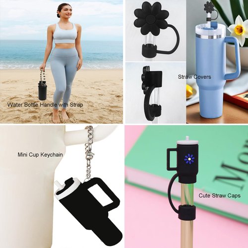 Wohoyee Water Bottle Handle Strap with Lipstick Holder, Silicone Straw Covers, Mini Cup Keychain Compatible with Flask & Stanley Cup Fits Most 16-40oz Water Bottle (Black)
