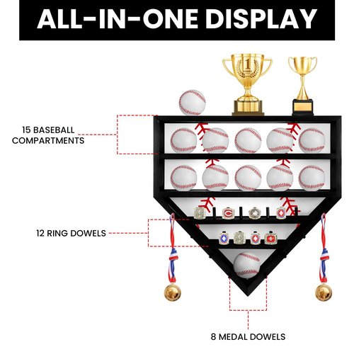 CroBlissful 19" Baseball Holder Display Case Wooden Baseball Ring Holder Championship Ring Trophy Display Shelf for Balls, Medals, Memorabilia(Black)