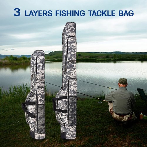 Srempeom 3 Layers Fishing Pole Bag,Portable 3 Layers Oxford Folding Rod Carry Case,Fishing Reel Tackle Storage Bag Case,120cm/47.2inch