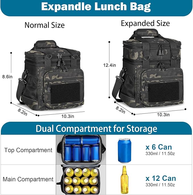 GLENKEY Double Deck Insulated Lunch Box, Expandable Large Lunch Bag Leakproof Cooler Bag Lunch Pail for Men Women Adults Work Shifts Travel Daytrip,16L,Black-Camo