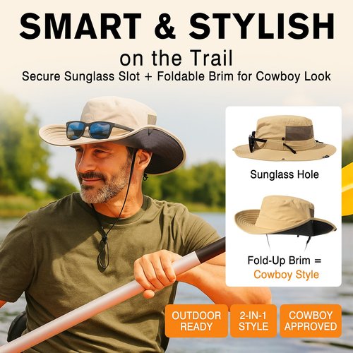 TOP-EX L/XL/XXL UV Protection Mens Sun Hat with Cooling Neck Cover Sunglass Lock Wide Brim Fishing Safari Hats Outdoor Summer Hat Waterproof Packable Grey L/XL