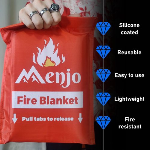Silicone Coated Home Emergency Fire Blanket - Menjo 1-pack - Emergency Fire Blanket for Home and Kitchen Safety. BBQ, and Camping Fire Suppression Blanket. Flame Retardant 40 * 40in Blanket