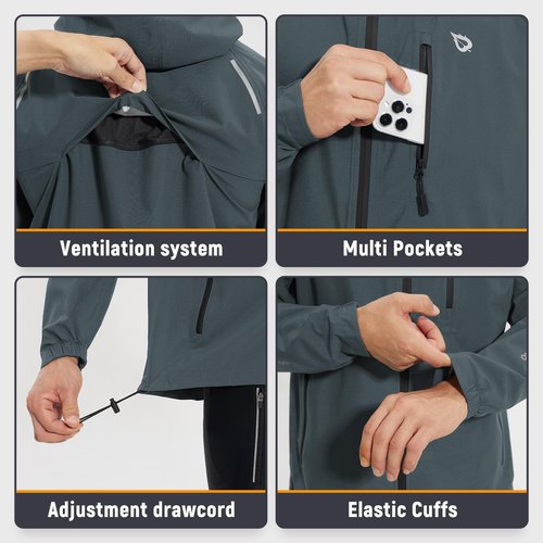 baleaf Men's Rain Jacket Waterproof Running Cycling Windbreaker Golf Hiking Gear Hood Raincoat Packable Reflective Grey M