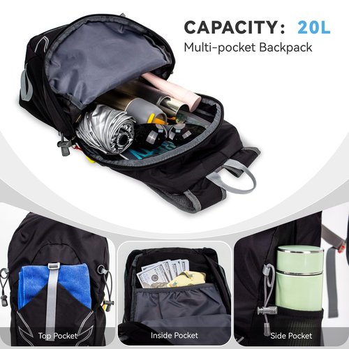 UtiaMiaoGonGo Small Lightweight Hiking Backpack，20L Waterproof Foldable Hiking Daypack Cycling Hydration Backpack Travel Camping Back Pack for Men Women, Black