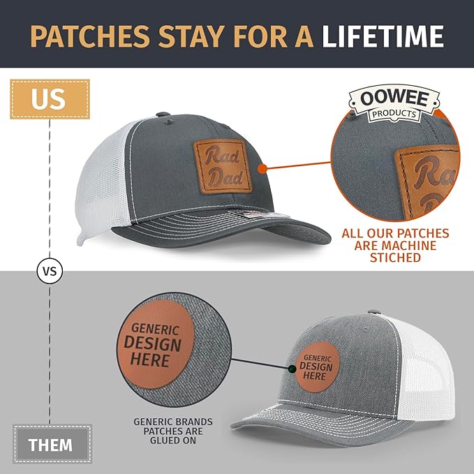 Leather Patch Hat for Men - Richardson 112 Trucker Hat w/Full-Grain Leather Patch, Laser-Engraved, Machine-Stitched