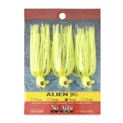 No Alibi Alien Jig Inshore Series, Glow Chartreuse Skirt, 3/8 oz Chartreuse Head, 5/0 Hook, 3 pc
