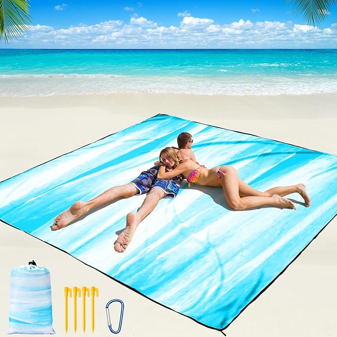 Beach Blanket Waterproof Sandproof Beach Mat 79”x 83” for 1-4 Adults Quick Drying Durable Outdoor Picnic Mat for Beach Festival Travel Camping Hiking (TINTING-BL&W, 79"×83"(4 Person))