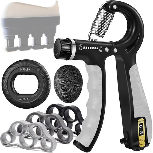 QTZFKFLHD Grip Strength Trainer with Forearm Strengthener, Hand Grip Strengthener, Hand Extension Exerciser, Stress Relief Ball and Hand Grip Strengthener for Muscle Building and Injury Recover(7 PCS) (black-gray)