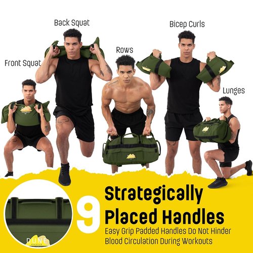 Sandbags for Working Out (Unfilled) - Enhance Your Fitness with Our Workout Sandbag, Versatile & Durable Sand Bags for Weight Training | 15-75 lbs Sand Bag for Exercise – Army Green - Guide Included