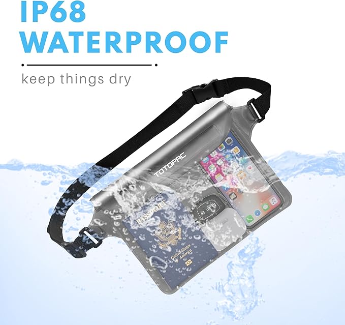 2-Pack Waterproof Fanny Pack, Phone Pouch with Waist Strap, 9x6.7 Inch Dry Bag for Phone, Cash, and Valuables – for Swimming, Kayaking, Boating, Snorkeling, and Water Sports (2, Black + Grey)