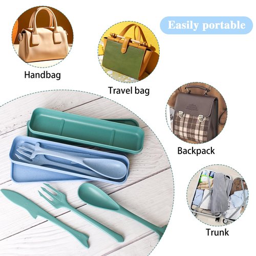 Reusable Travel Utensils with Case, Ocean Themed Fork and Spoon Set for Lunch Box, Portable Cutlery Set for Adults Picnic Camping Utensils (2, Light Blue, Deep Green)
