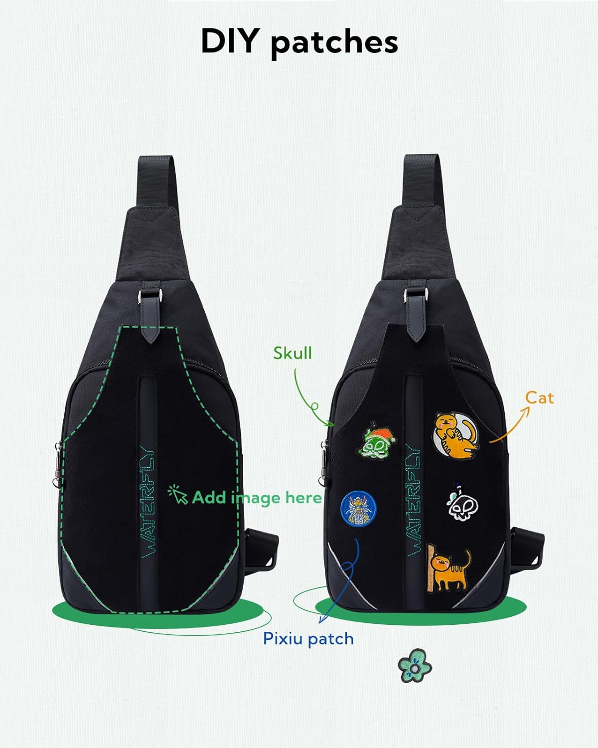 WATERFLY Small Crossbody Sling Backpack Anti Theft Backpack for Traveling Chest Bags for Men&Women Multipurpose Casual Daypack Hiking Shoulder Bag (Black)