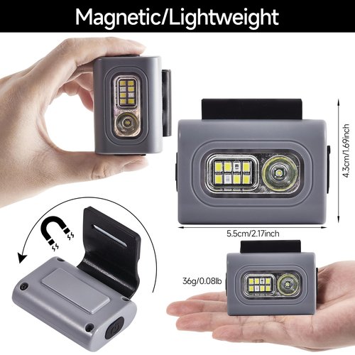 Rechargeable Running Light, 2Pack Waterproof LED Clip-On Light for Runners with 6 Lighting Modes, Reflective Running Gear for Hiking, Running, Biking, Walking Dog, Car Repair, Emergency (Grey)