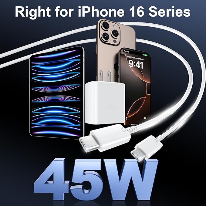 iPhone 16 Pro Max Charger Fast Charging, 45W USB C iPhone 16 Super Fast Charger Block with 10ft Long Type C Charging Cable Cord for iPhone 16/16 Pro/16 Pro Max/16 Plus/15/15 Pro Max/15Pro/Plus/S25